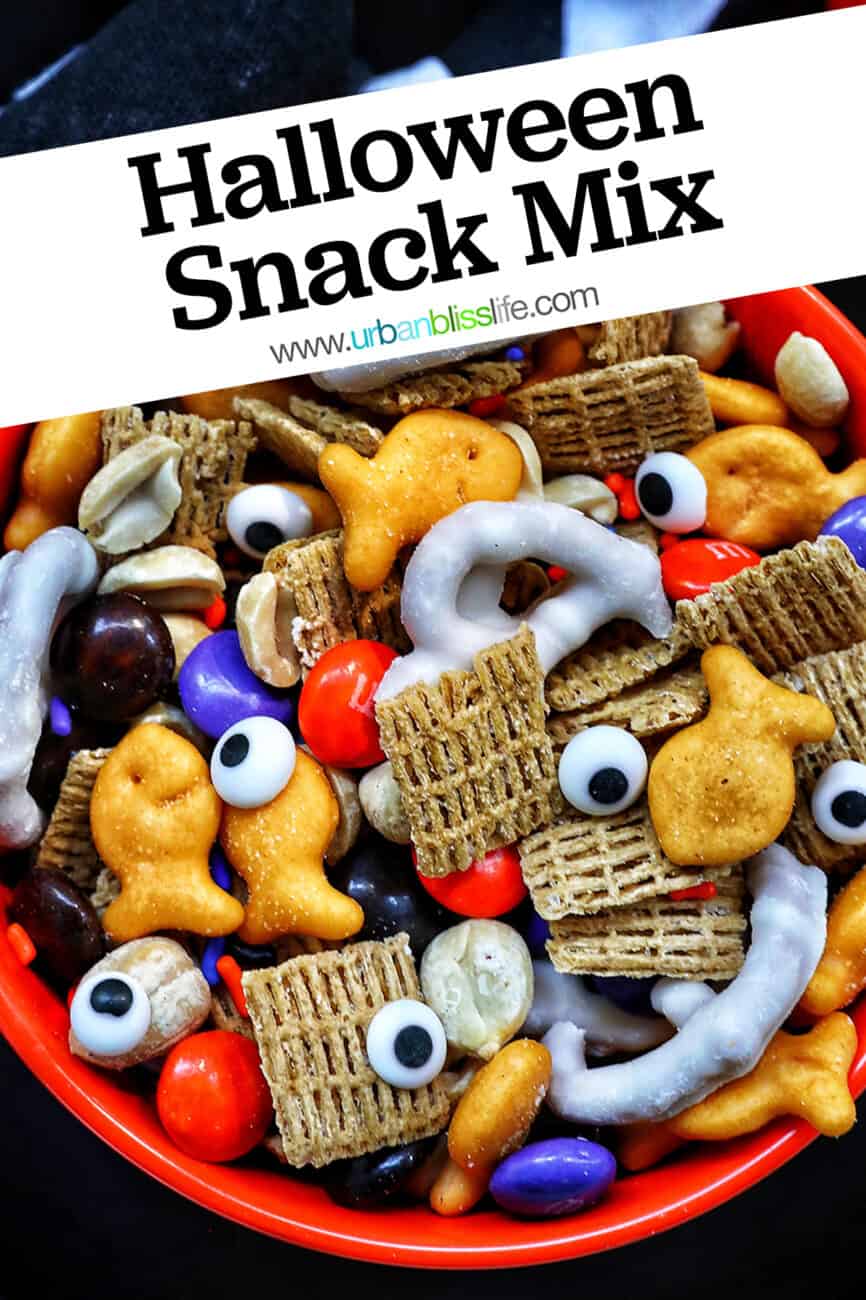 orange bowl with Halloween Snack Mix with title text.