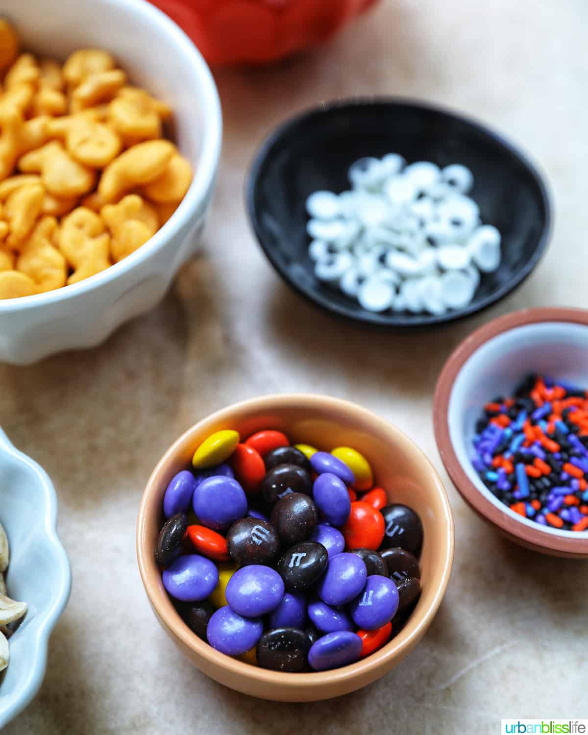 bowls of candy for Halloween Snack Mix.