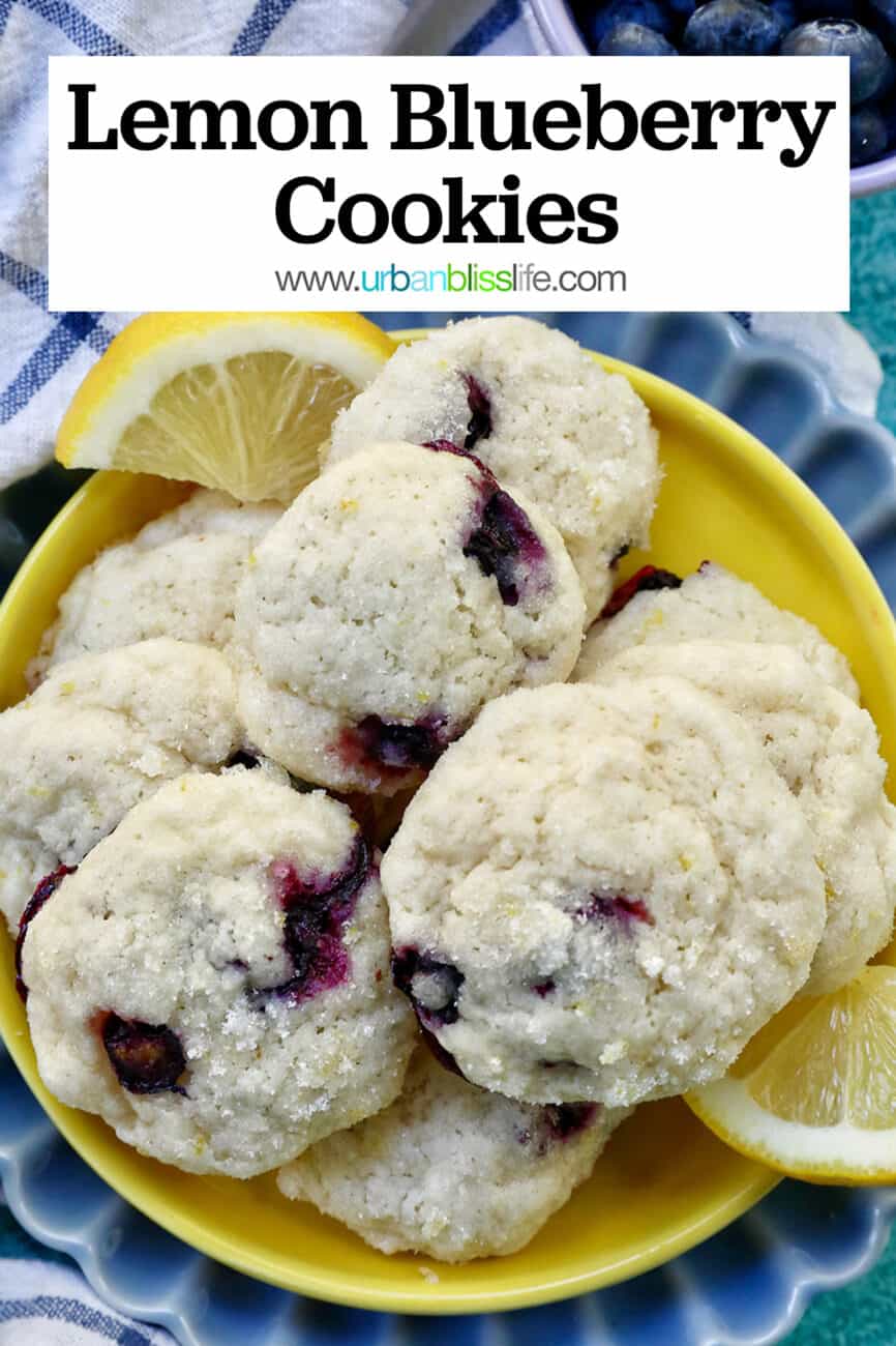 lemon blueberry cookies on a yellow and blue plate with lemon slices with title text that reads "Lemon Blueberry Cookies."