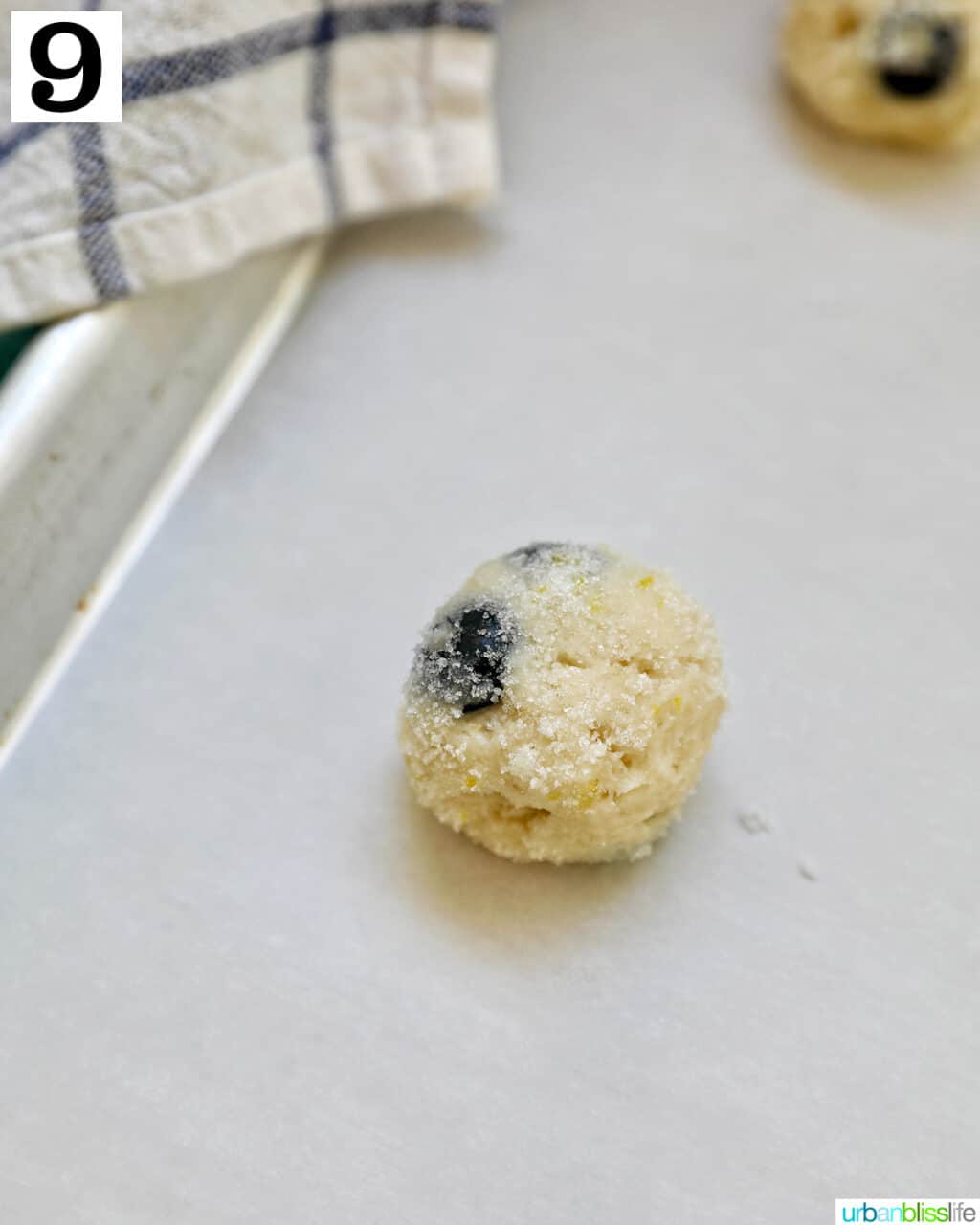 lemon blueberry cookie dough ball in lemon sugar.