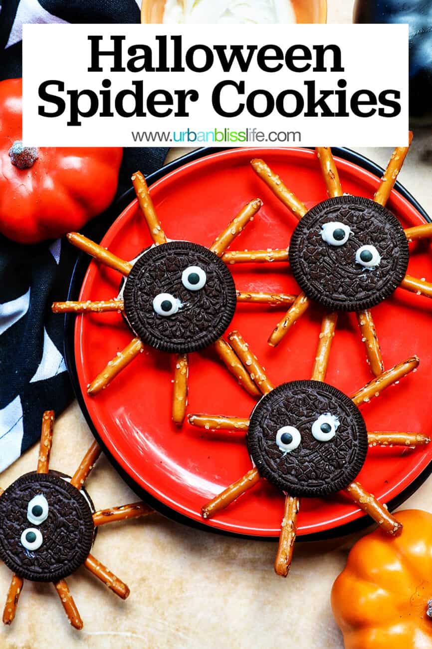 several Oreo Spider Cookies on an orange plate with Halloween decorations around it and title text that reads "Halloween Spider Cookies."