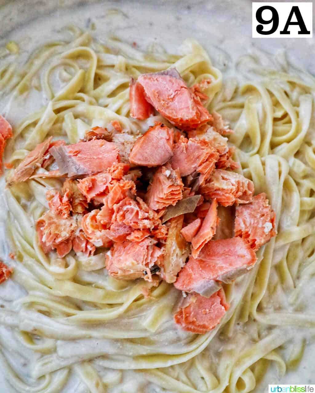 salmon chunks added to pasta and cream sauce in a skillet.