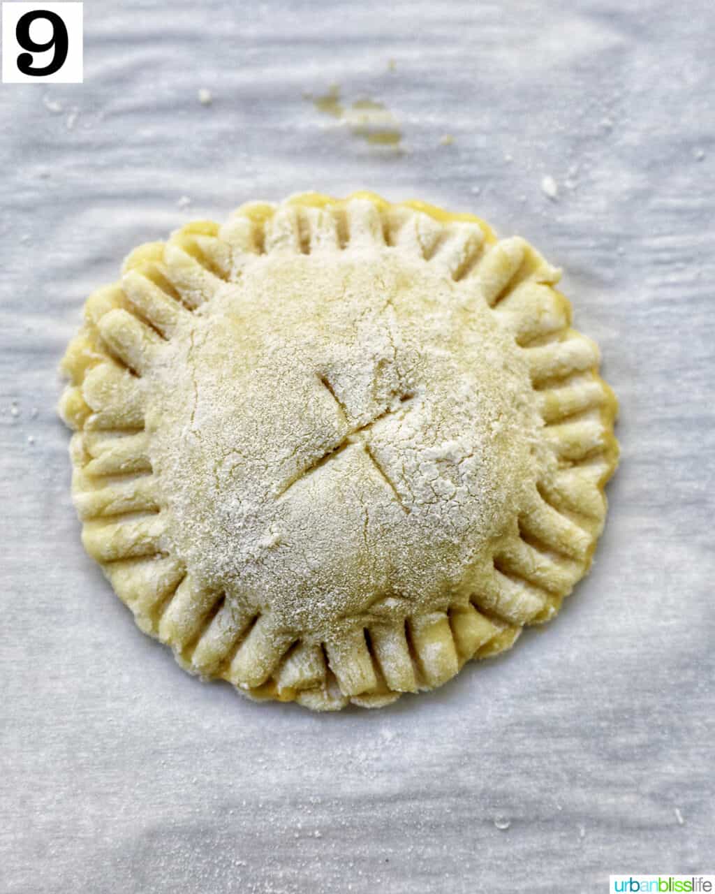 prepped peach mango hand pie ready to bake.