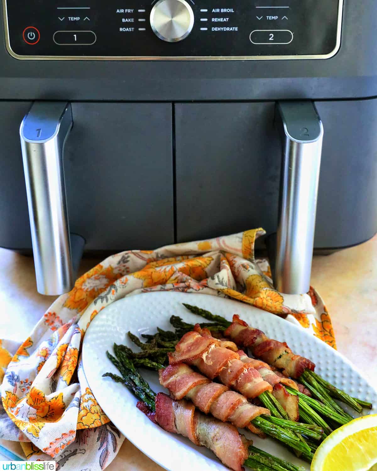 bacon wrapped asparagus on a white plate in front of an air fryer.