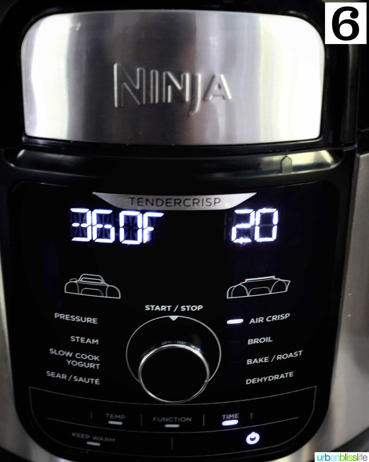 ninja air fryer set to 360 degrees at 20 minutes.