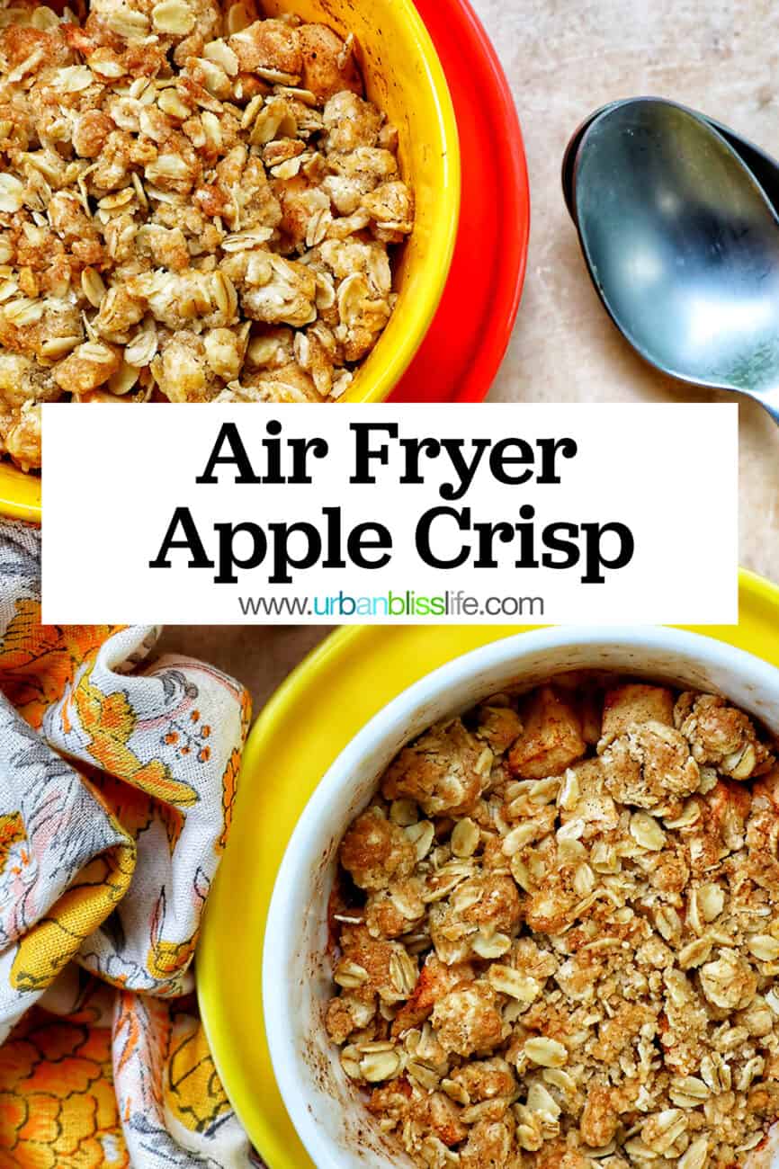 two bowls of Air Fryer Apple Crisp and spoons with title text.