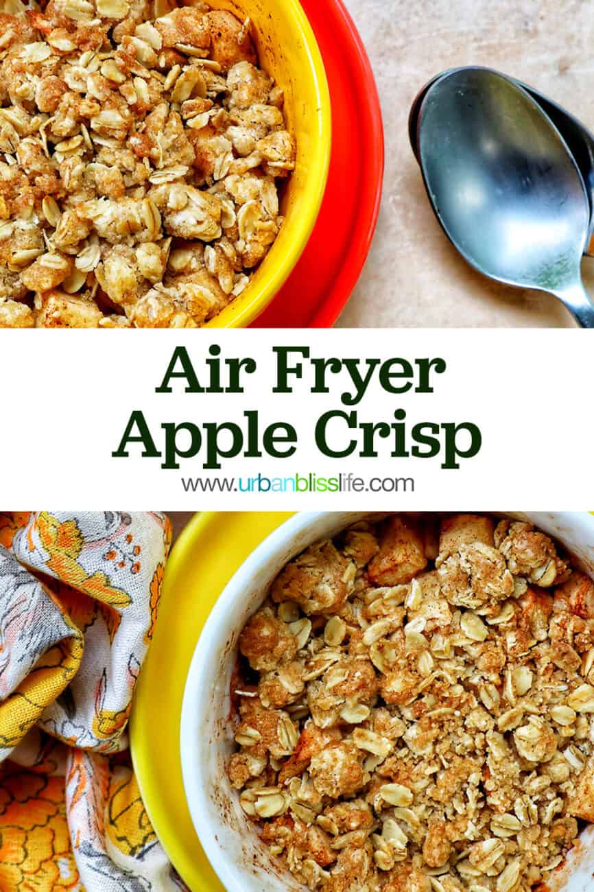 two bowls of Air Fryer Apple Crisp and spoons with title text.