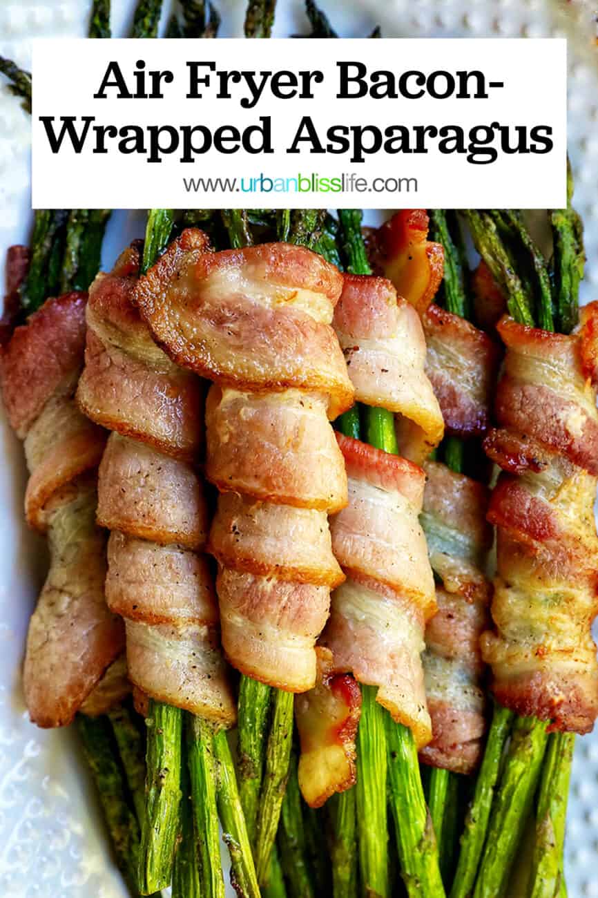 bacon wrapped asparagus on a white plate with title text.