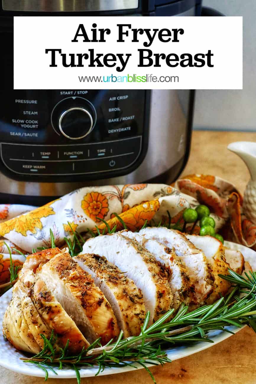 sliced turkey breast on a plate with herbs in front of an air fryer.
