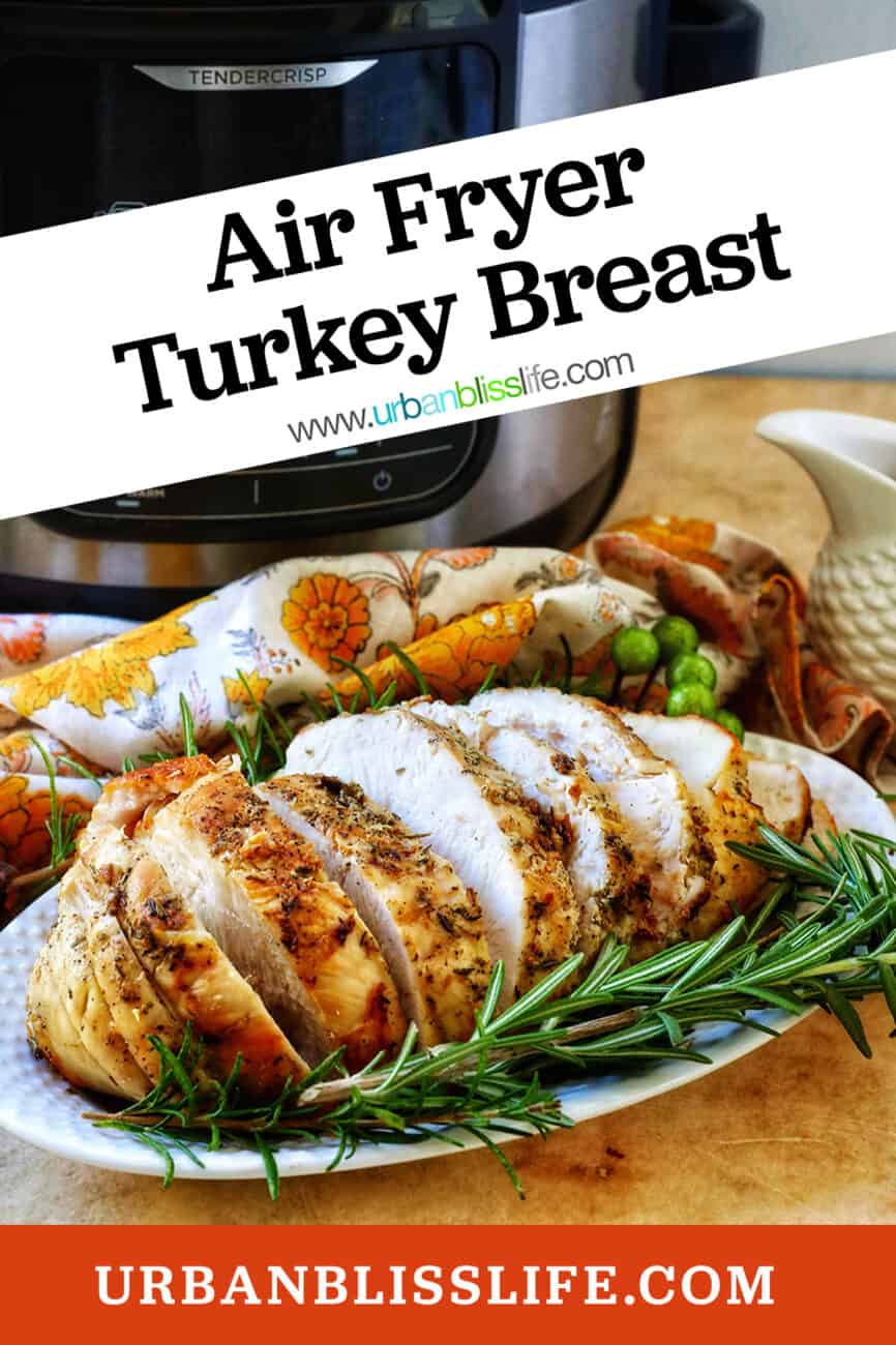 sliced turkey breast on a plate with herbs in front of an air fryer.