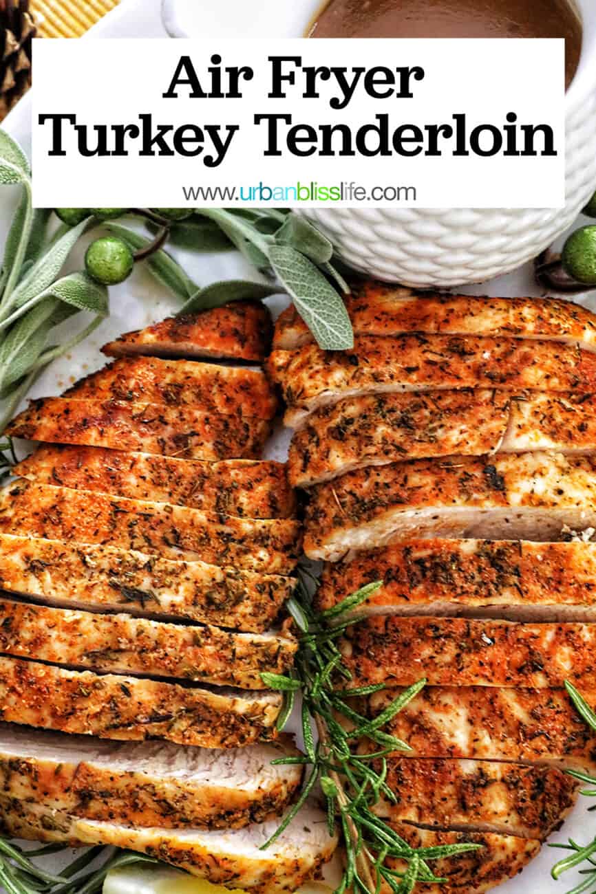 two sliced turkey tenderloins on a plate with fresh herbs and lemon slices with title text.