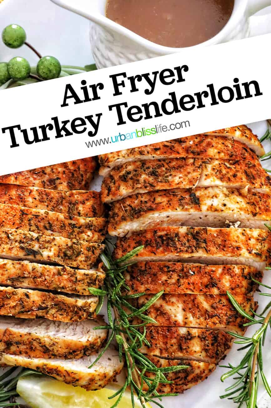 two sliced turkey tenderloins on a plate with fresh herbs and lemon slices with title text.