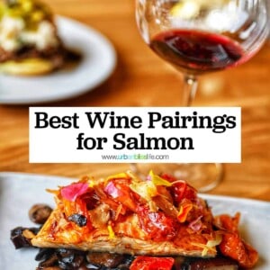 glass of pinot noir with beautiful salmon dish and title text "Best Wine Pairings for Salmon."