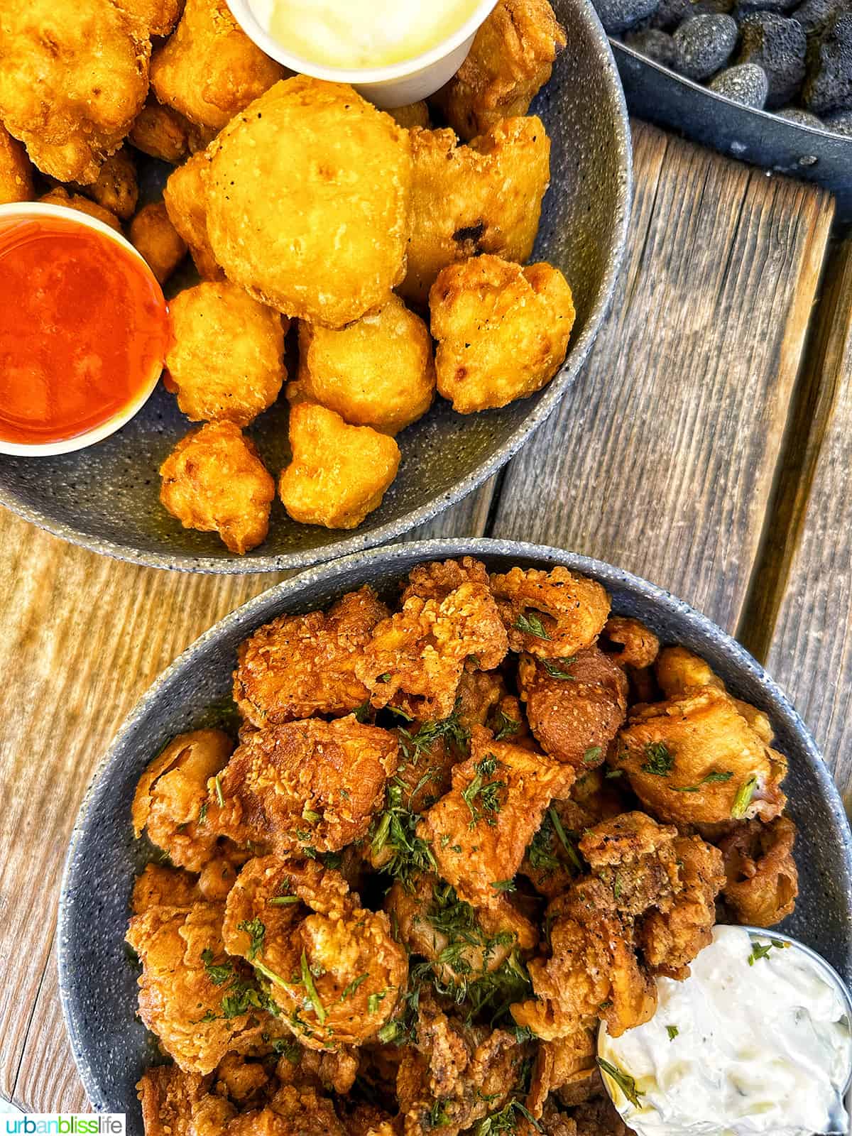 fried cauliflower bites and calamari at Black's Pub in Whistler BC Canada.