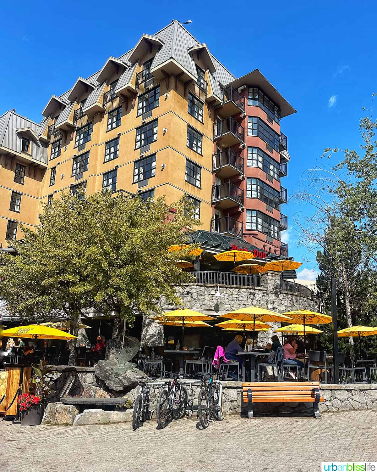 exterior photo of outside patio of at Black's Pub in Whistler BC Canada.