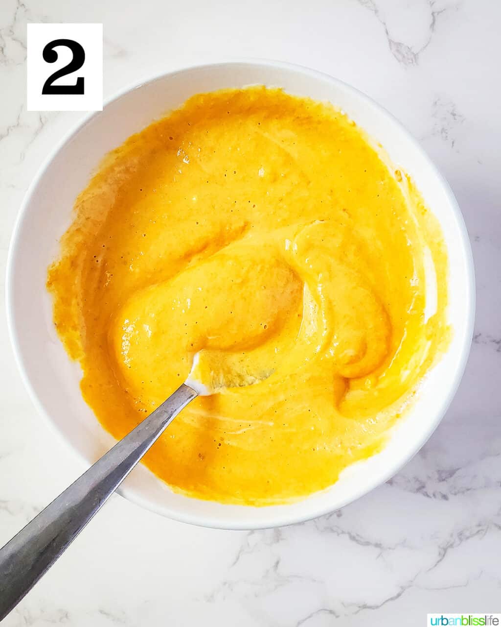 spoon in a bowl of pumpkin dog treat batter.