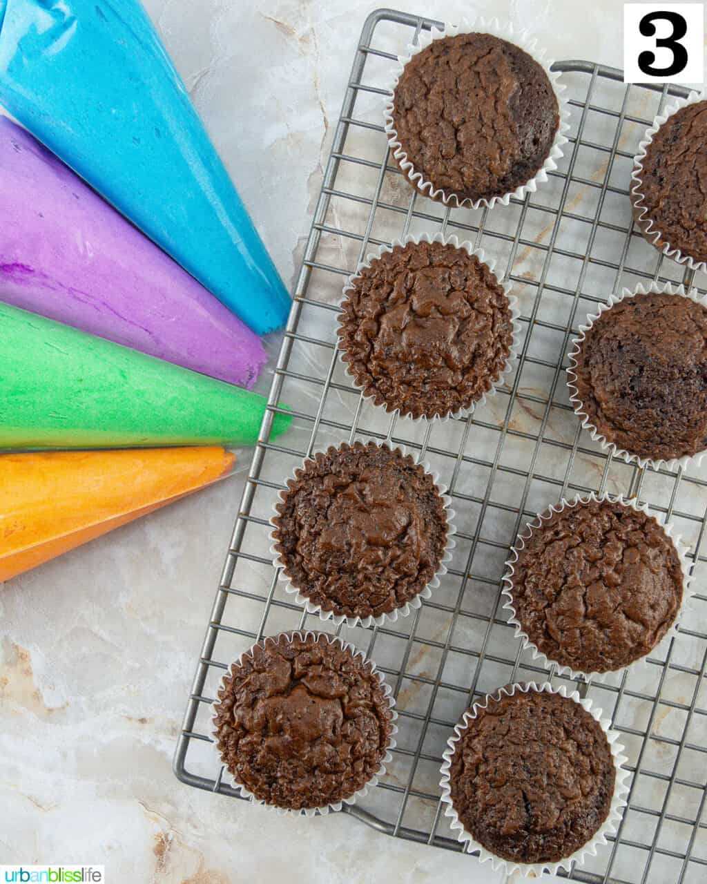 steps of decorating chocolate cupcakes into Halloween Monster Cupcakes with colored frosting and piping bags.