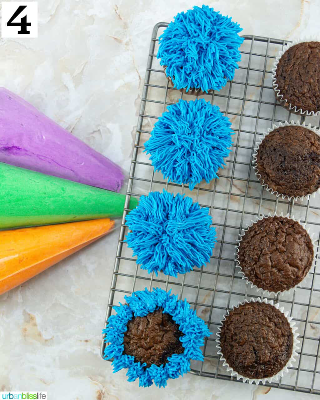 steps of decorating chocolate cupcakes into Halloween Monster Cupcakes with colored frosting and piping bags.