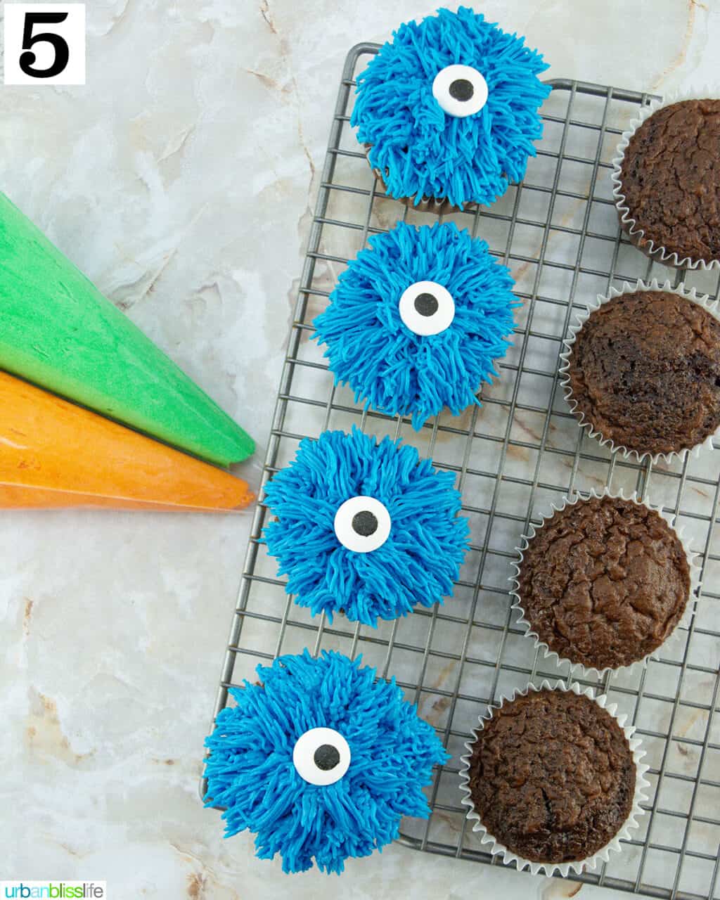 steps of decorating chocolate cupcakes into Halloween Monster Cupcakes with colored frosting and piping bags.