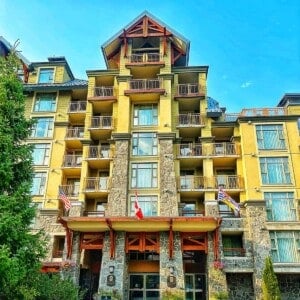 exterior of the pan pacific hotel in whistler village centre in whistler bc canada.