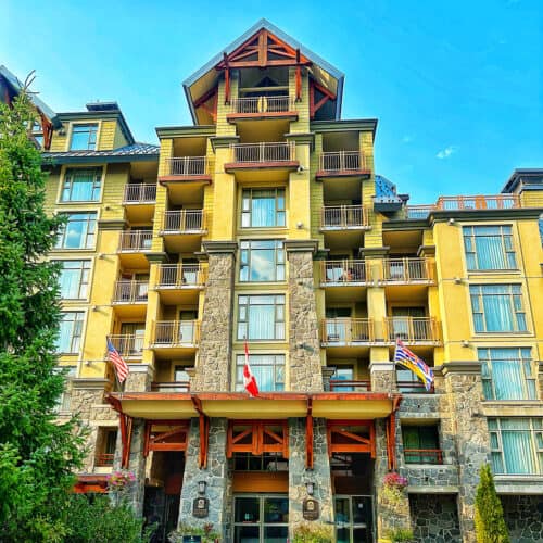 exterior of the pan pacific hotel in whistler village centre in whistler bc canada.