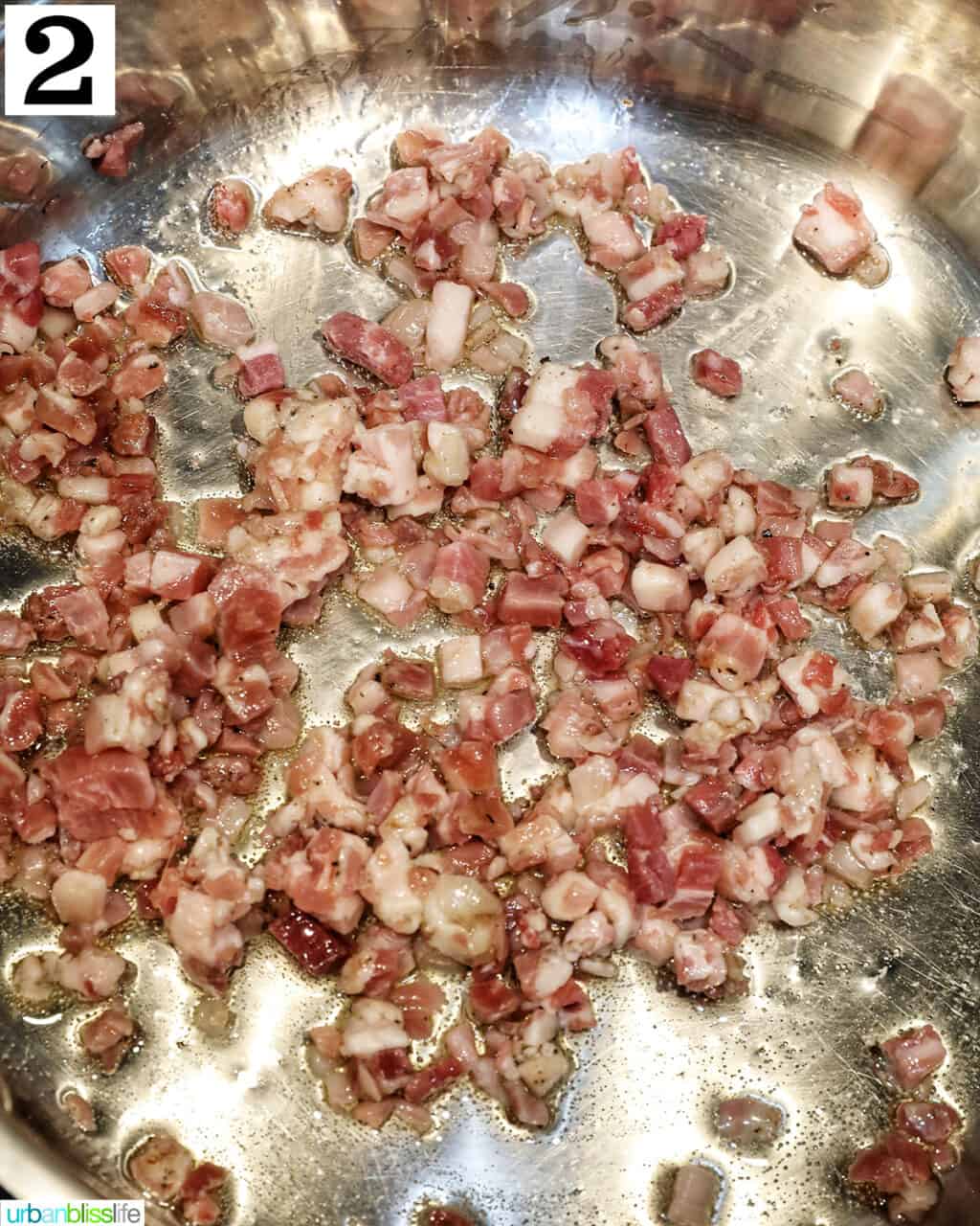 chopped bacon cooking in a saucepan.