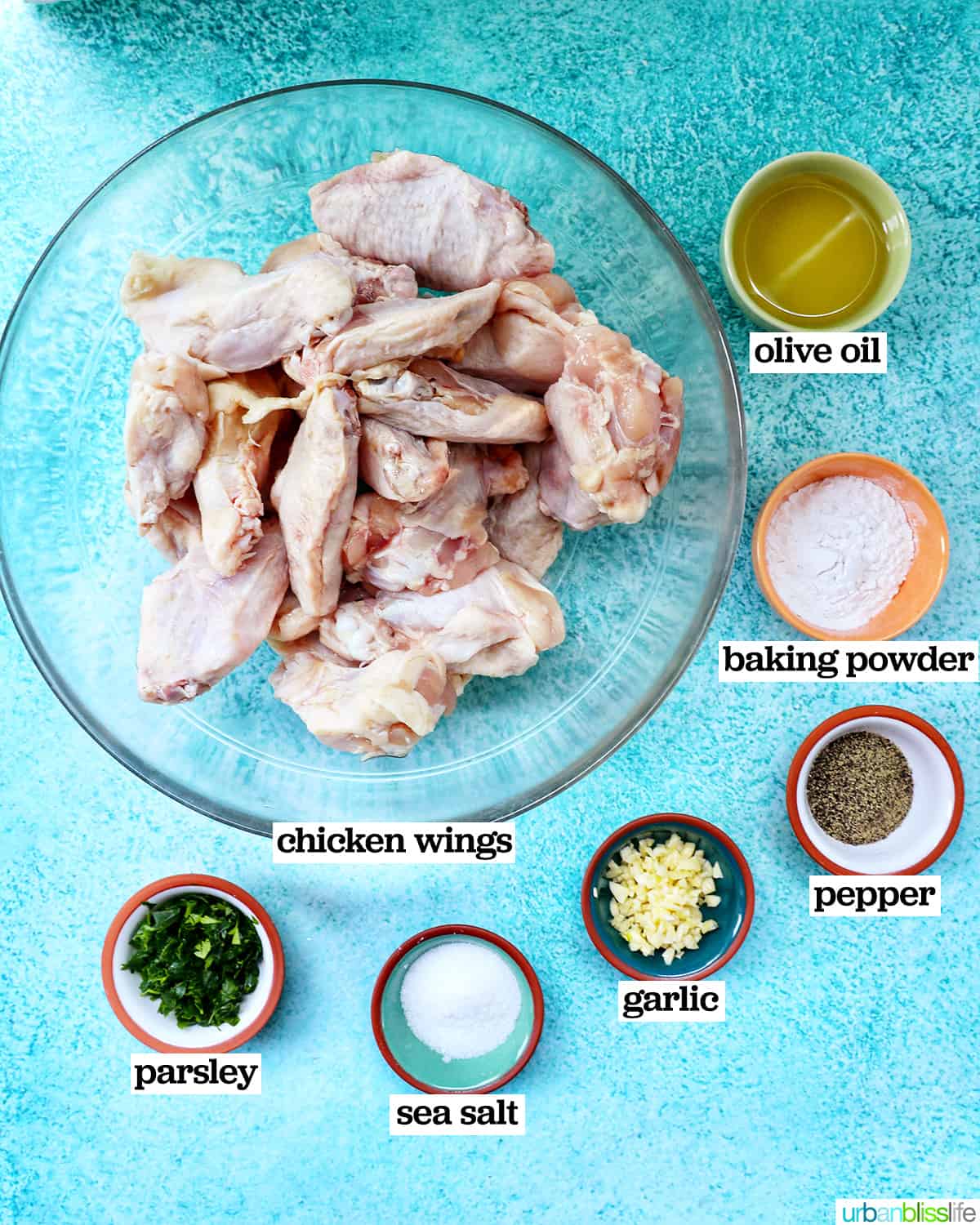 bowls of ingredients to make salt and pepper chicken wings.