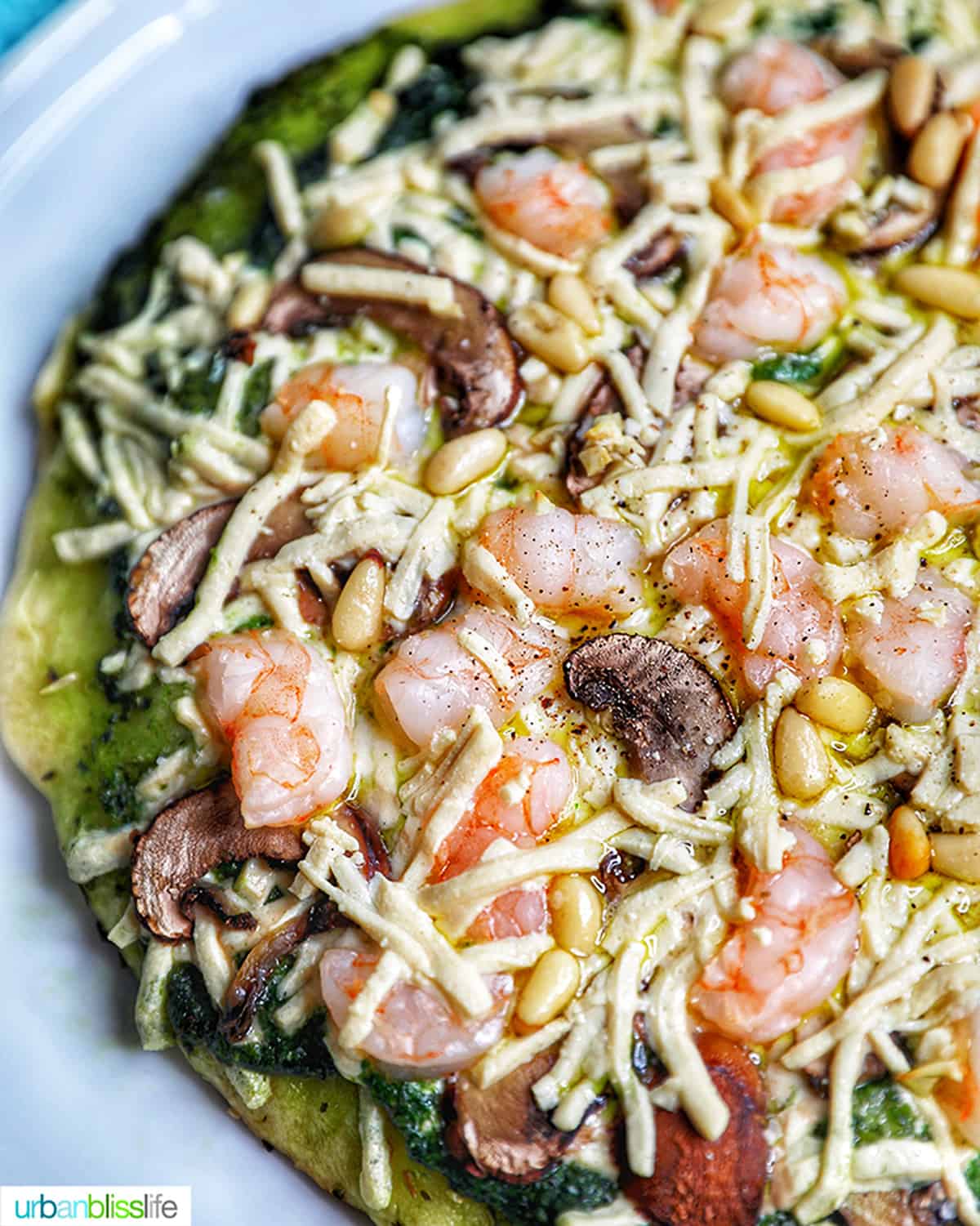 shrimp pesto pizza.