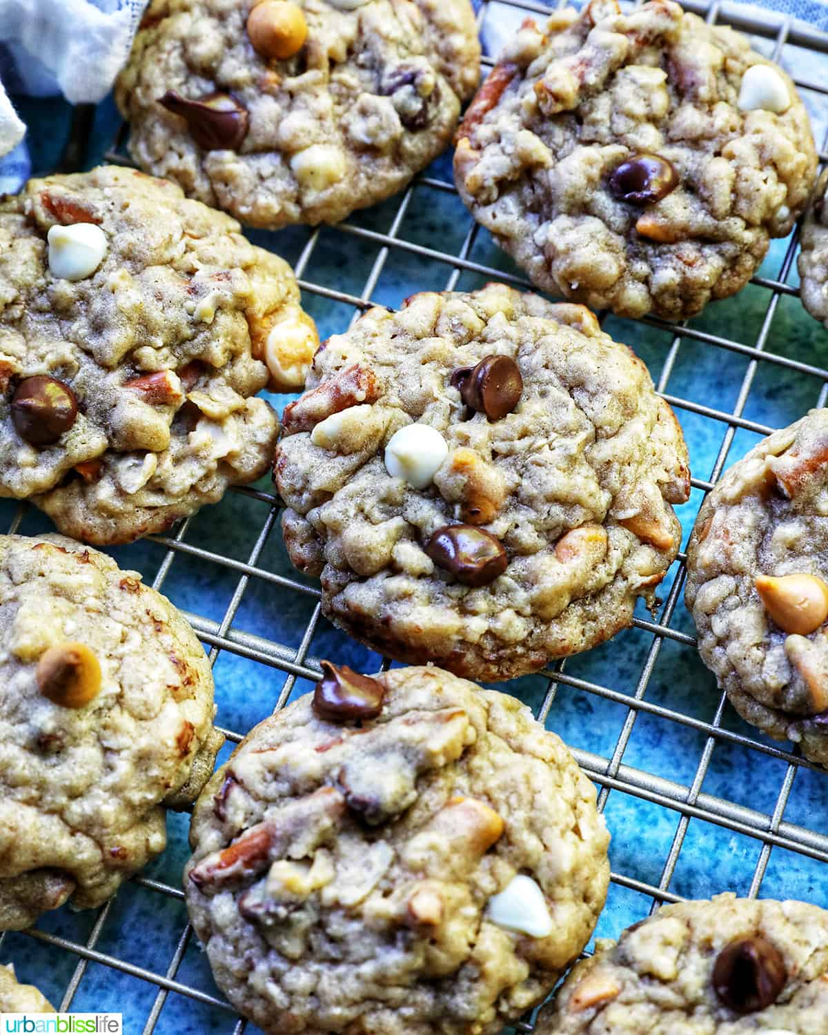 chocolate chip pretzel cookies on a cooling rack.