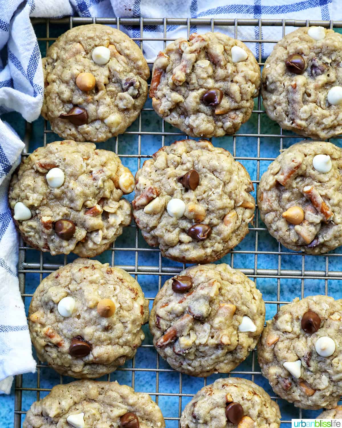 chocolate chip pretzel cookies on a cooling rack.