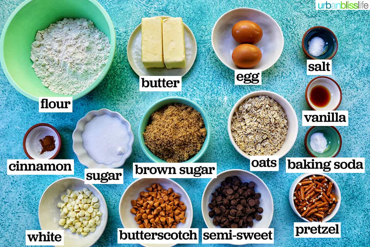 bowls of ingredients to make chocolate chip pretzel cookies.
