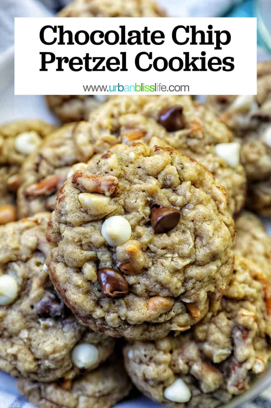 chocolate chip pretzel cookies stacked on a plate with title text.