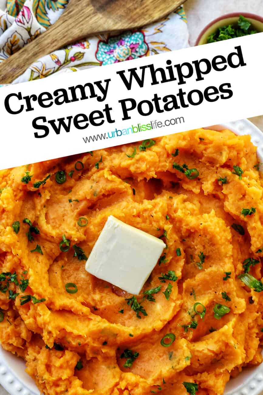 bowl of whipped sweet potatoes and a pat of butter with fresh herbs with title text.