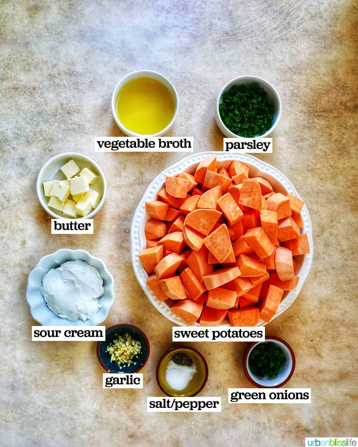 bowls of ingredients to make mashed sweet potatoes.