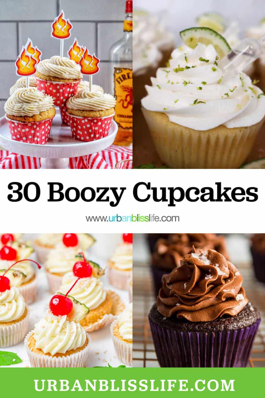 Fireball cupcakes, margarita cupcakes, pina colada cupcakes, and chocolate stout cupcakes with title text overlay.