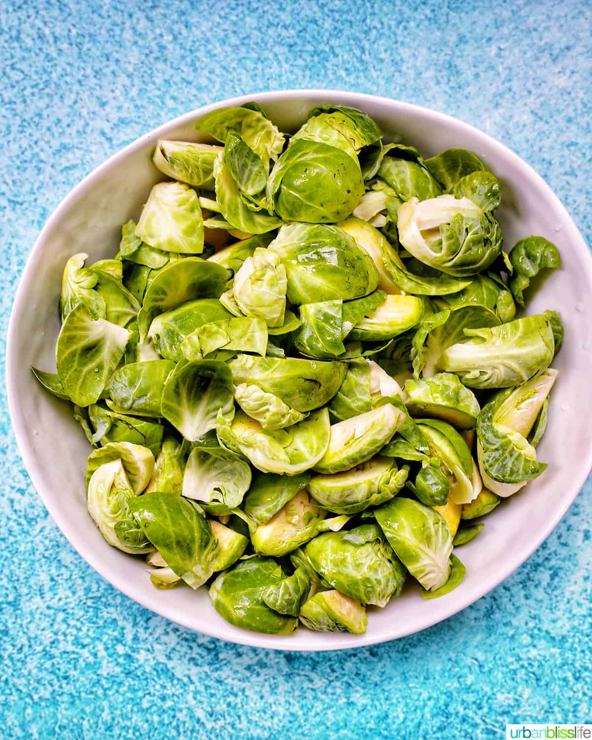 big white bowl full of brussels sprouts.