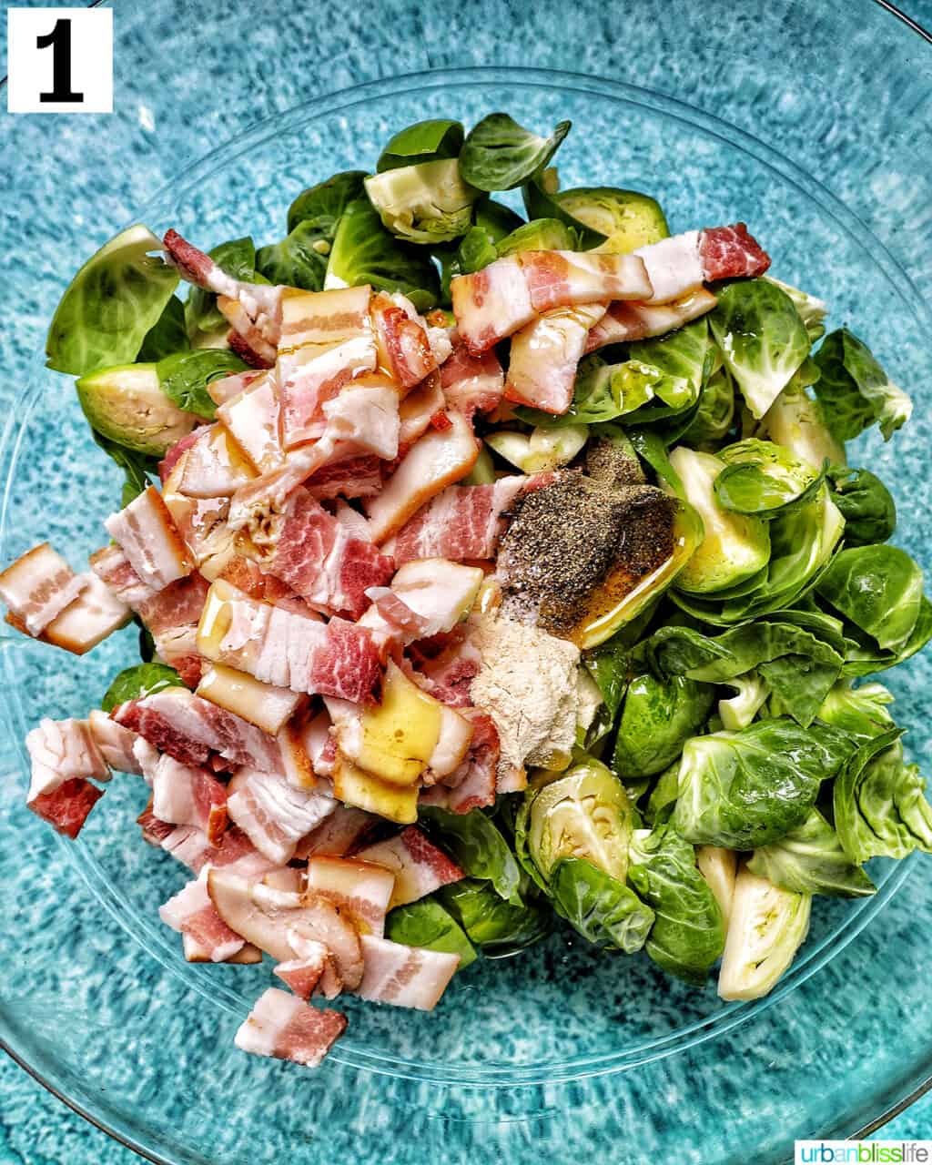 bacon, brussels sprouts, and seasonings in a bowl.