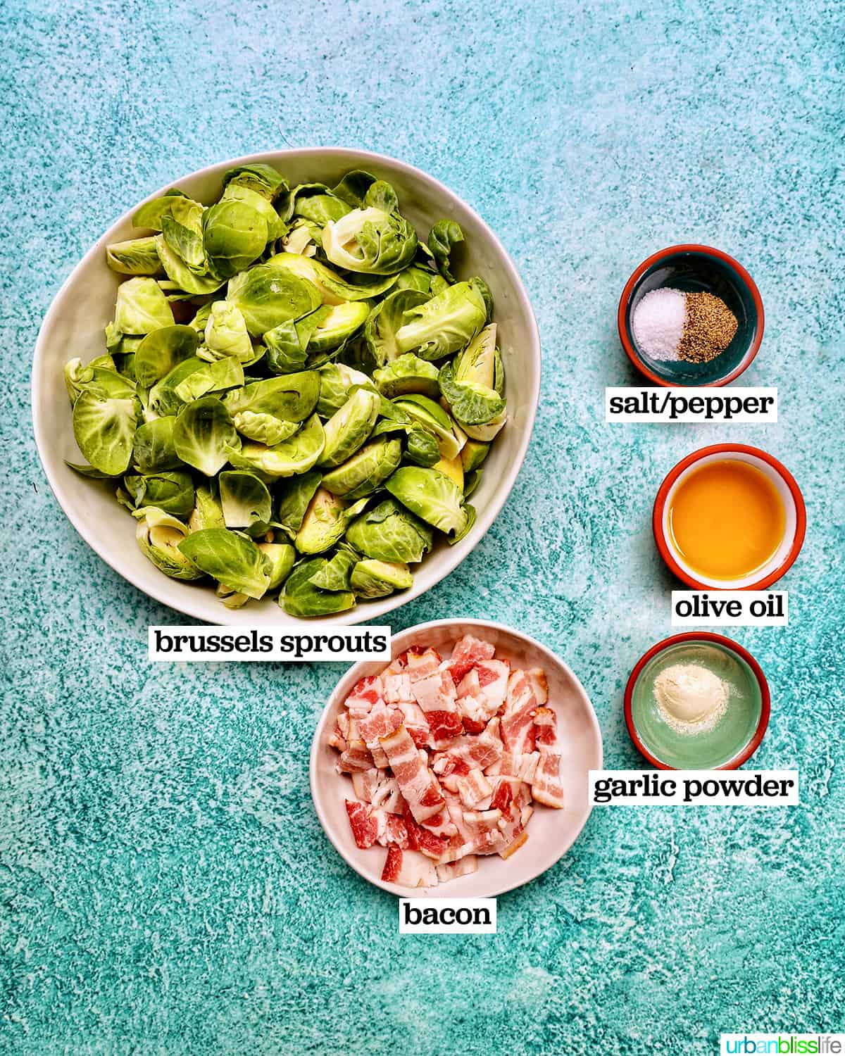 bowls of ingredients to make bowl of brussels sprouts with bacon.
