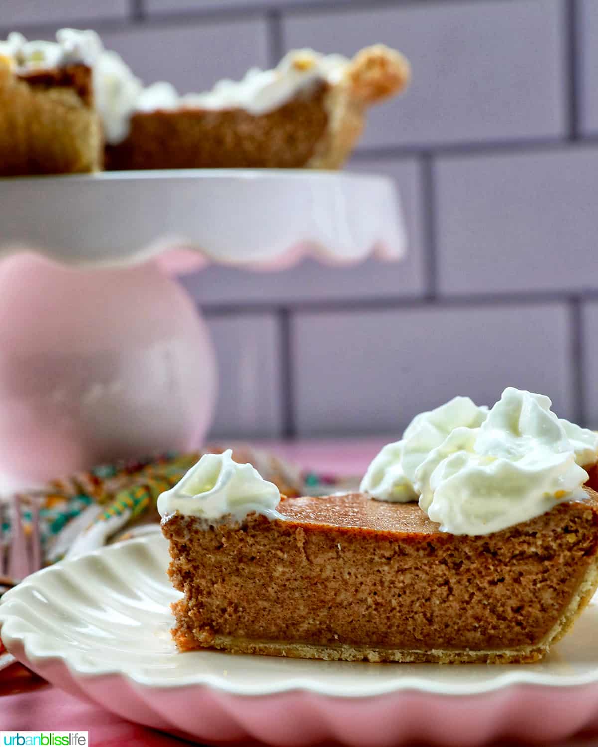 slice of cinnamon pie with whipped cream on a pink background.