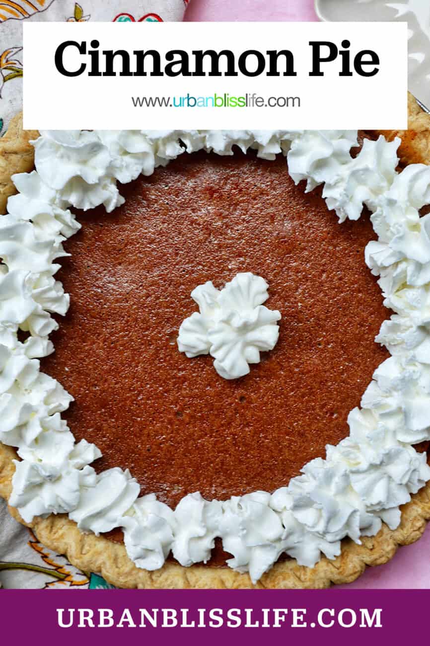 cinnamon pie with whipped cream on a pink background.