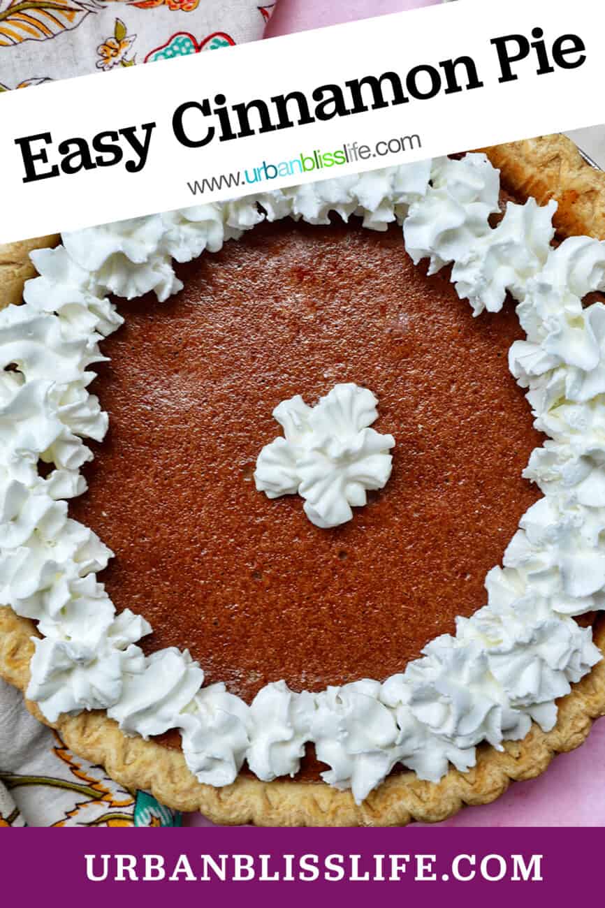 cinnamon pie with whipped cream on a pink background.