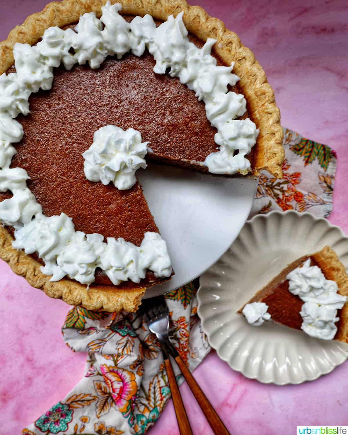 cinnamon pie with whipped cream on a pink background.