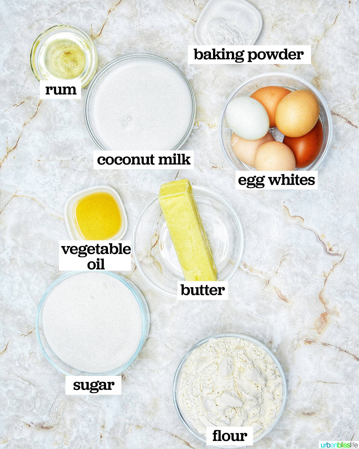 bowls of ingredients to make pina colada cupcakes.
