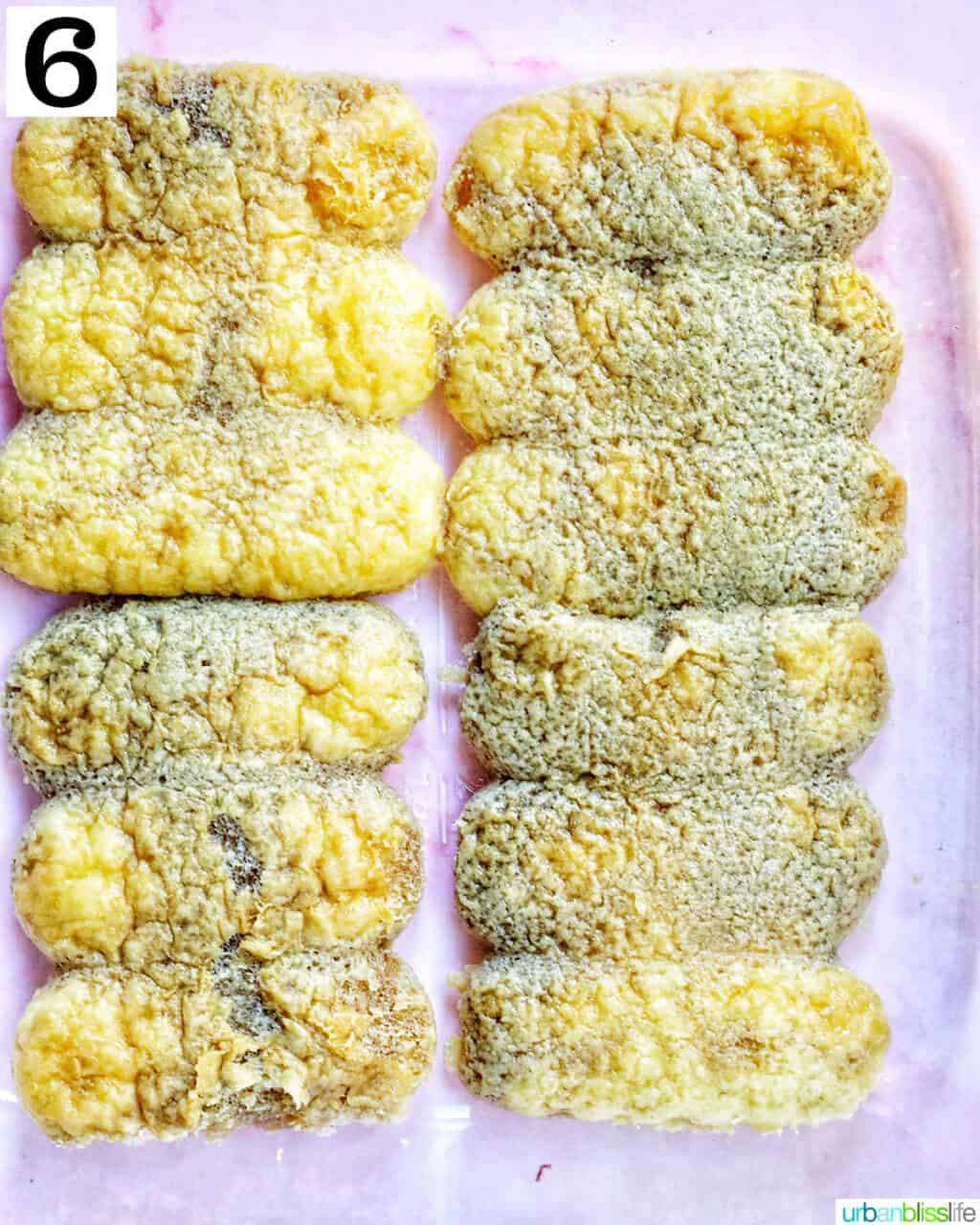 ladyfinger cookies soaked with coffee marsala in a clear baking dish.