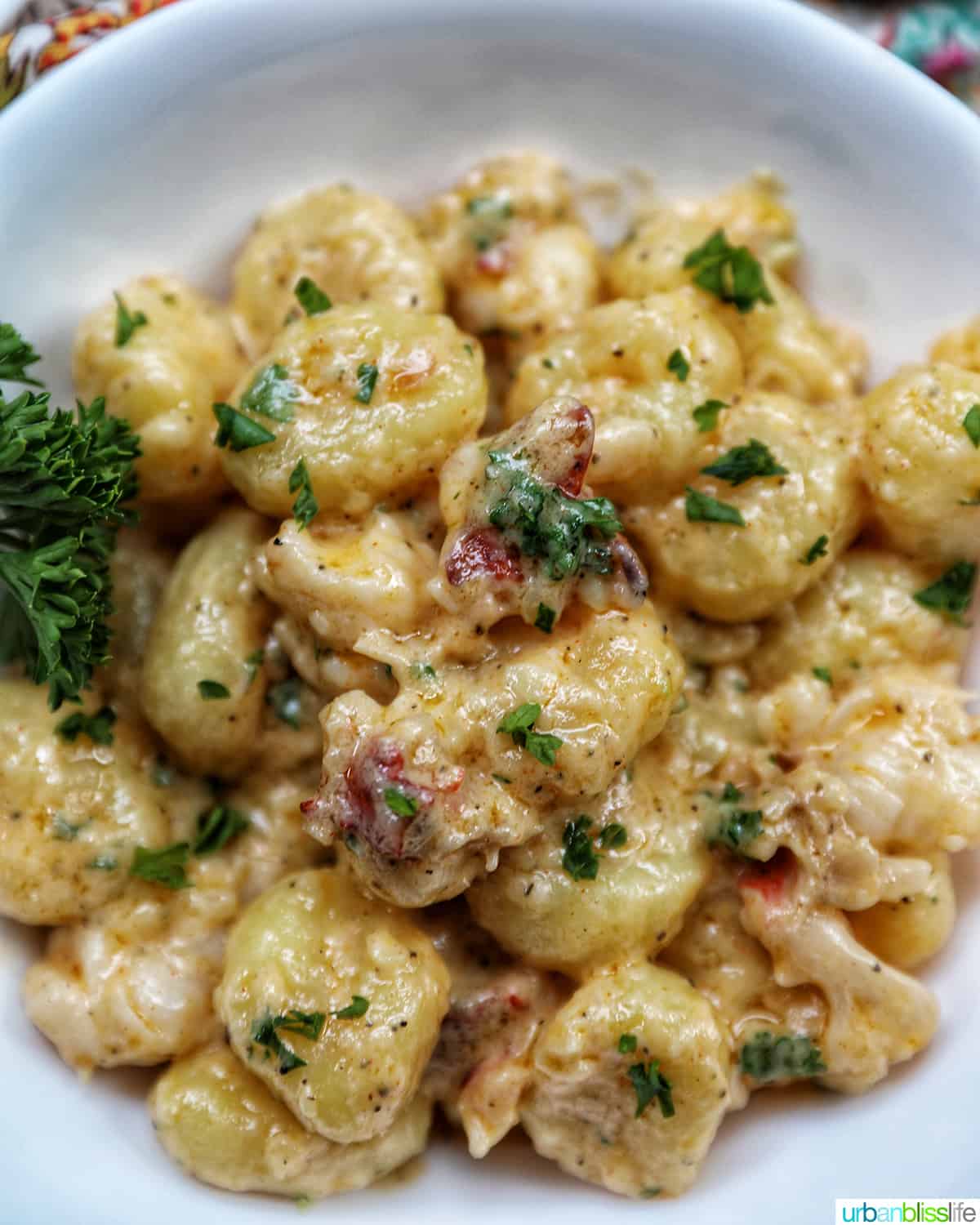 lobster gnocchi with herbs in a white bowl.
