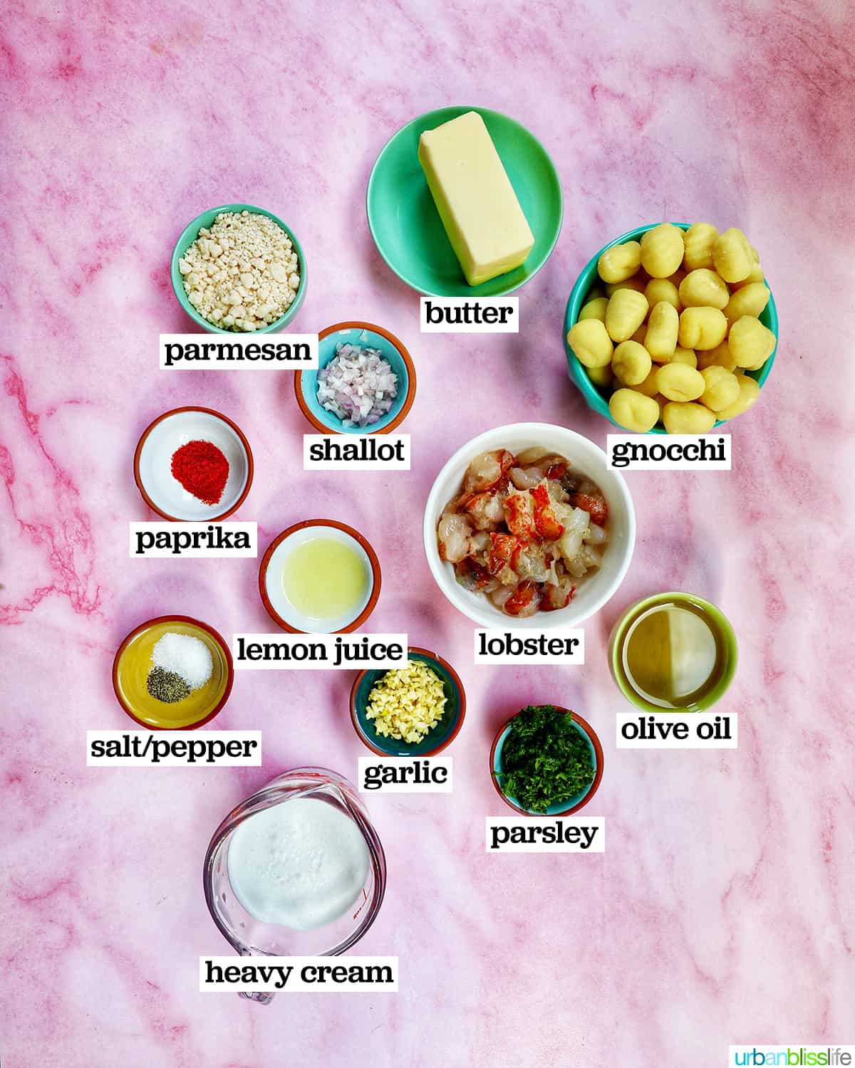 bowls of ingredients to make lobster gnocchi.