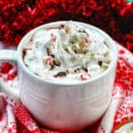 white mug with peppermint hot chocolate, whipped cream, surrounded by red and white Christmas decorations.
