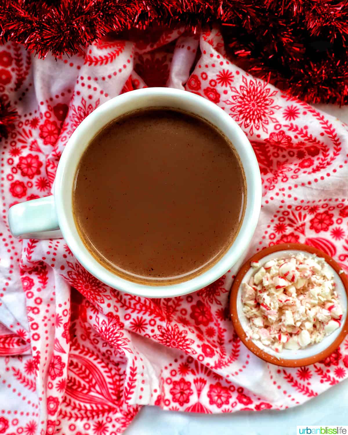 peppermint hot chocolate in a mug with a bowl of crushed peppermint candies.