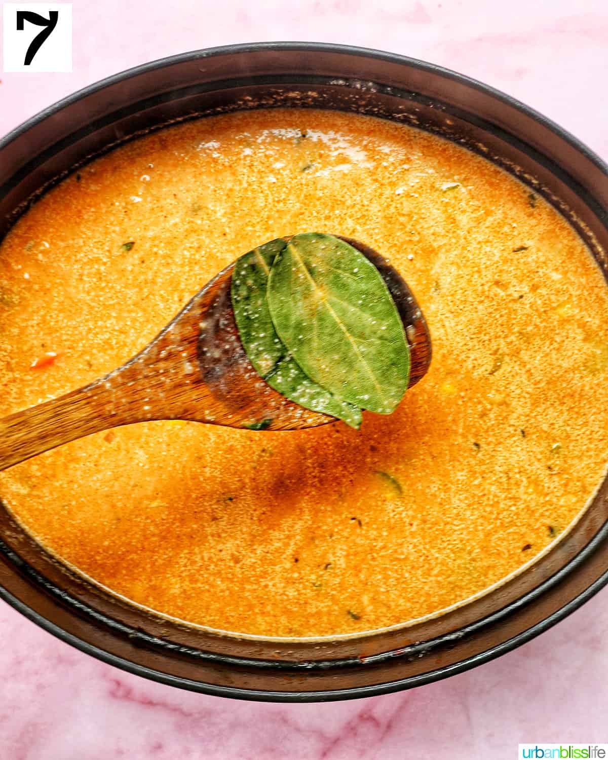 wooden spoon holding up two bay leaves above a dutch oven full of soup.