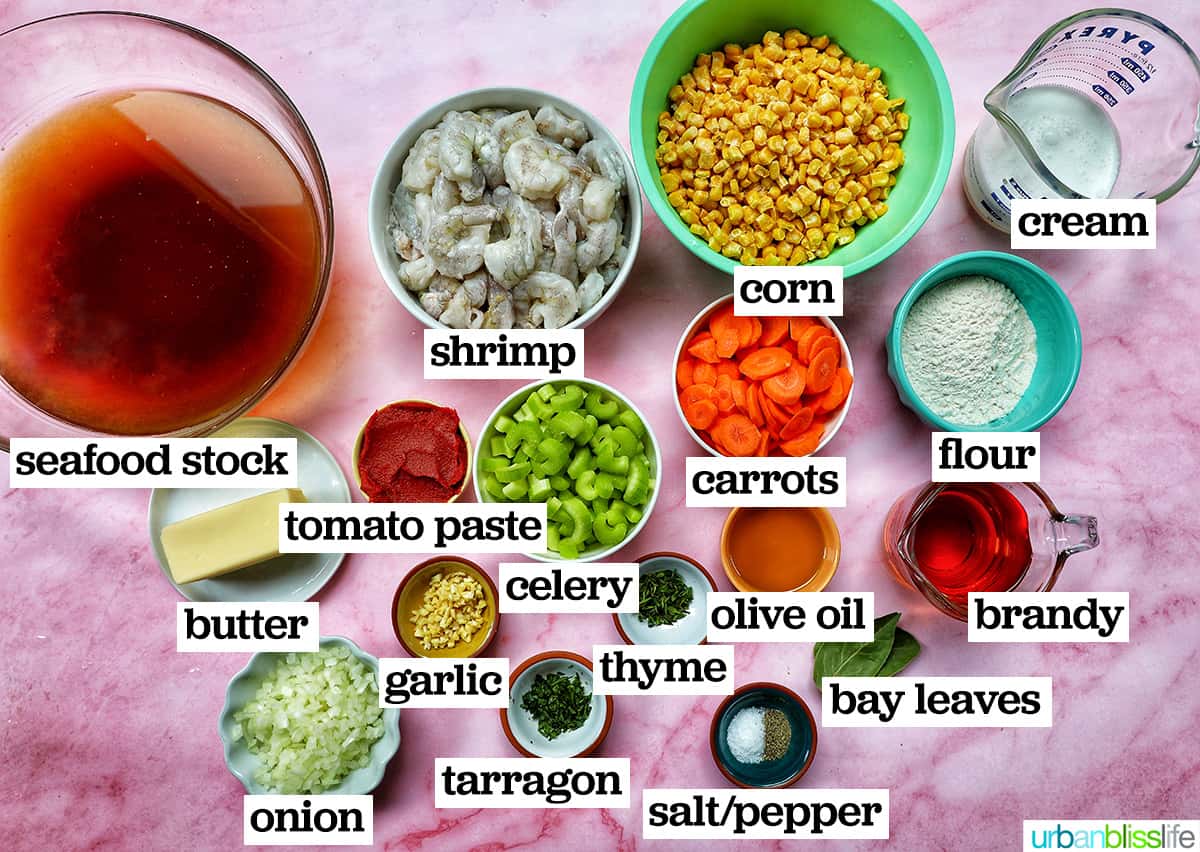 bowls of ingredients to make shrimp and corn bisque with ingredients labeled.